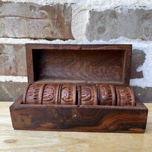 Vintage Hand Carved Napkin Rings With Wooden Box Elephant Design Set Of 6‎